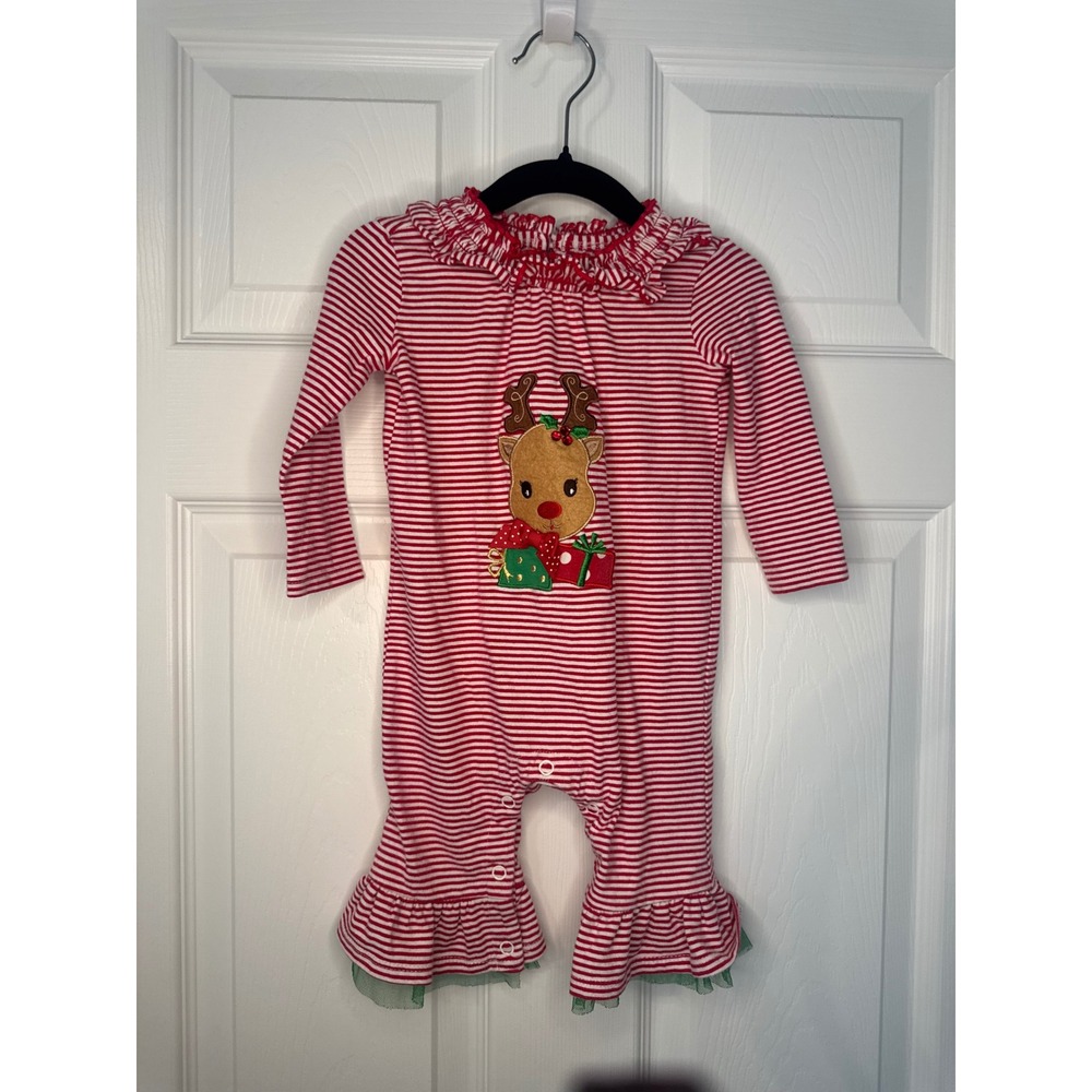 Bonnie Baby Christmas Reindeer Ruffle Romper Red White Striped 6-9M